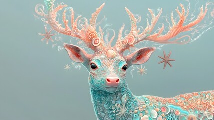 A deer with antlers resembling coral reefs adorned with patterns of seashells starfish and flowing ocean waves.