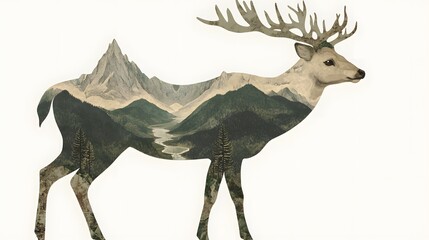A deer with antlers shaped like mountain peaks its body decorated with patterns of cliffs valleys and pine trees.