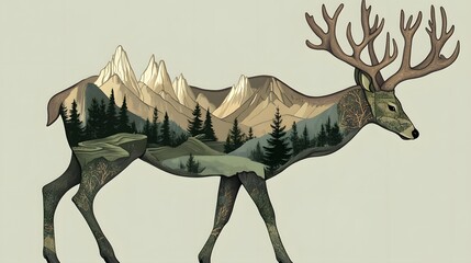 A deer with antlers shaped like mountain peaks its body decorated with patterns of cliffs valleys and pine trees.