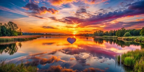 Romantic Valentine's Day Landscape: Heart-Shaped Lake at Sunset