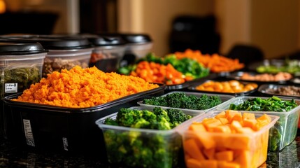Colorful fresh vegetables and meal prep containers on a counter