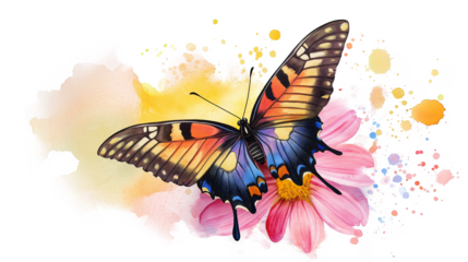 Watercolor png clipart Vibrant Butterfly on Pink Flower on a white background
