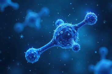 virus molecular structure floating in space with glowing particles, illustration. biochemistry and chemical research. viral particles, infection, dangerous pathogens transmission. vaccine development