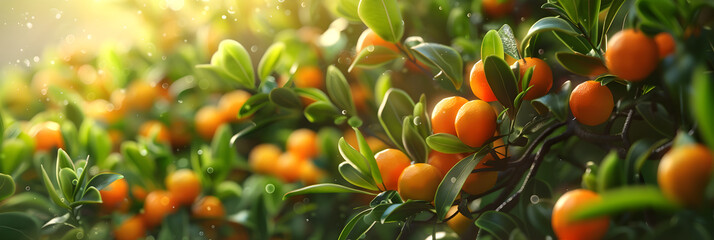 Sunlit Kumquat Tree in a Serene Garden: Vibrant Orange Fruits Amid Lush Green Foliage
