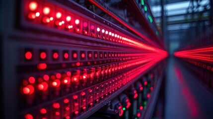 Vibrant Red and Green LED Lights Illuminating a Data Center Network, Showcasing the Heart of Modern Technology and Digital Connectivity in a Futuristic Environment