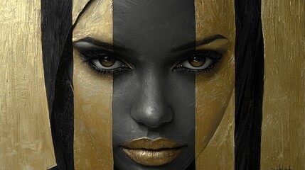 Navy Blue-Grey Abstract Painting: Modern Minimalist Portrait with Gold Lips in Cubism Style