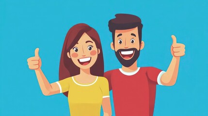 property loan mortgage qualification concept. Excited young couple with thumbs up and joyful expressions on a blue background.