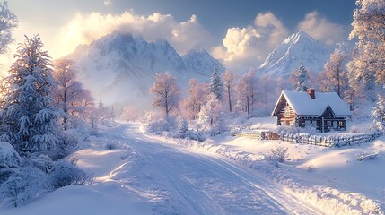 Scenic winter wonderland with peaceful snow-covered cabins image