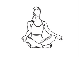 Woman sitting in lotus pose yoga. Continuous one line drawing. Vector illustration