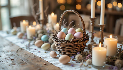 Easter eggs and burning candles are decorating a rustic wooden table at sunset, creating a warm and inviting atmosphere for easter celebration.