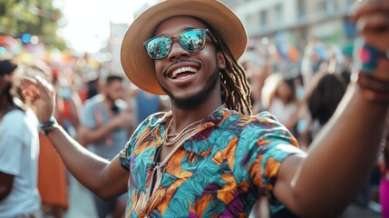 Joyful young african male celebrating at a vibrant outdoor festival