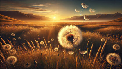 たんぽぽが広がる静かな草原,
自然の優雅さとたんぽぽの旅路.
穏やかな自然と癒しの風景.
生命力あふれる春の高原.
暖かな春の日の美しさ.
優しい風と舞い上がるたんぽぽの綿毛.
リラックスのための自然アート.
Generated by AI.	
