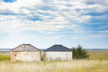 Fototapeta premium Rusty storage tanks and pipelines under a blue sky with clouds in an industrial landscape with faded colors