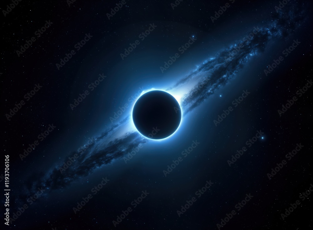 Aufkleber cosmic eclipse shows dark celestial body obscuring glowing blue planet. deep starry space surrounds 