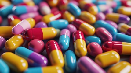 A Closeup View of Colorful Capsules: Pharmaceutical Medicine and Healthcare