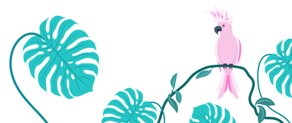Charming pink parrot on the vine. Rainforest jungle. Amazon rainforest. Trees, vines, monstera and bird for print, print, decor, fabric