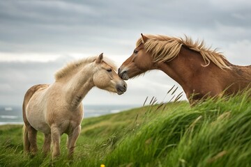 Obraz premium Two majestic horses graze peacefully in a lush meadow surrounded by wildflowers and tall grasses