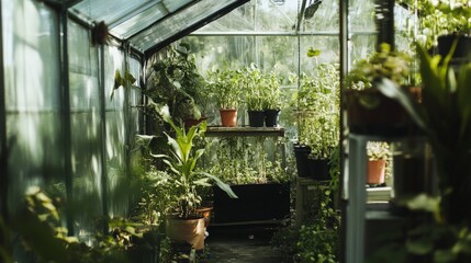 Lush greenhouse filled with potted plants and natural sunlight