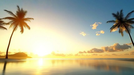 Obraz premium Captivating Sunset Scene with Silhouetted Palm Trees by the Water, Sunset palm trees silhouettes on tropical beach concept.