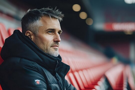 Football coach wearing a winter coat sitting thoughtfully in the empty stadium stands, observing the field and reflecting on strategies during a chilly day