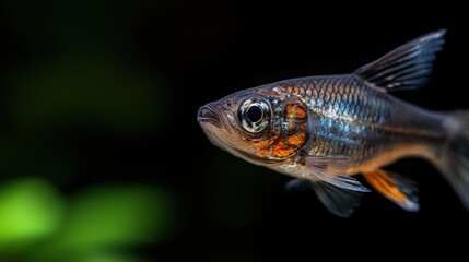 A fish is swimming in a dark blue background