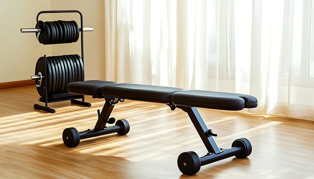 Home weight training with adjustable bench and dumbbells