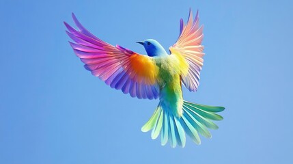 Obraz premium sadness emotion healing concept. Colorful bird in flight against a clear blue sky, showcasing its wings and feathers.