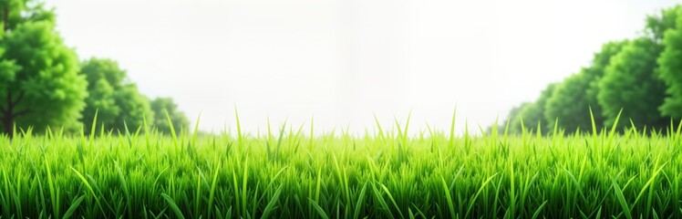 Fresh green grass field stretches into forest. Vibrant green grass fills foreground. Soft white light illuminates scene. Photo shows peaceful natural environment suitable for use as background design