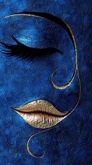 Navy Blue-Grey Abstract Painting: Modern Minimalist Portrait with Gold Lips in Cubism Style
