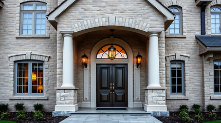 Fototapeta premium Elegant Home Exterior: Brick and Stone Facade with Grand Entrance. Luxury Real Estate, Modern Architecture, Impressive Design, Curb Appeal