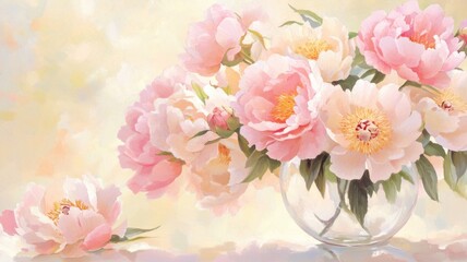 Elegant floral arrangement with soft pink and white peonies in a glass vase