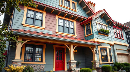 Fototapeta premium Colorful Dream House Exterior: Vibrant Facade, Red Door, and Charming Porch. A perfect blend of modern and classic architectural design. Ideal for real estate listings and home design inspiration.