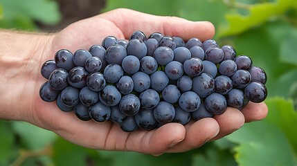 weathered hands cradles a cluster of dark, rain-soaked grapes