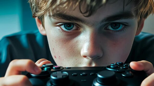 Teenager Caucasian boy plays videogame intensely.Young male focuses controller,determination visible.Face shows concentration,close-.Eyes fixate screen,reflections apparent.Gaming,competition themes