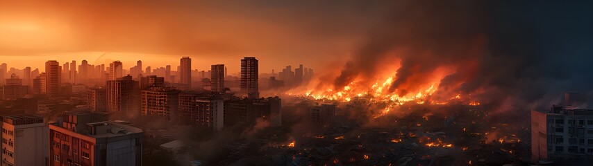 The city is on fire. The fire has engulfed a large area.