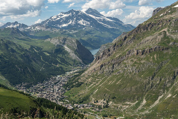 Obraz premium View of Val-d'Isere seen from the summit of Col de Iseran (Iseran Pass), Savoie, France