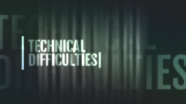 Technical difficulties text with glitch effect, computer generated animation