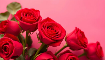 deep red roses, crimson petals, romantic bouquet, scattered rose petals, passionate red background, Valentine's Day theme, velvety texture, dramatic lighting, high contrast, saturated colors, floral 