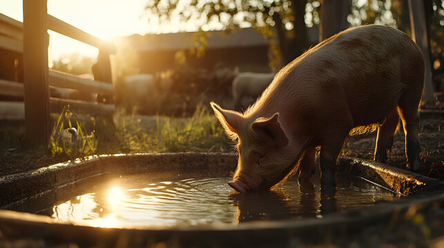 A cinematic image of a pig drinking water from a trough in a sunlit barnyard.