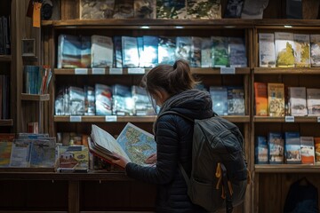 traveler planning their trip, browsing through maps and guidebooks