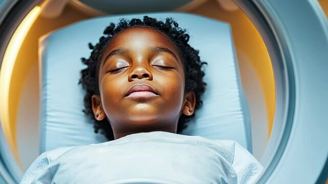 Child African-American boy undergoes MRI scan.Young patient rests medical imaging equipment.Peaceful expression technology healthcare environment.Health check illustrates calmness medical