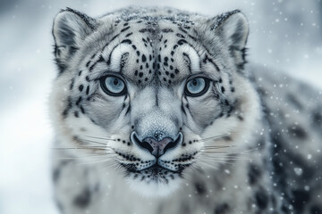 Fototapeta premium Close-Up of Snow Leopard's Intense Gaze in Mountain Landscape