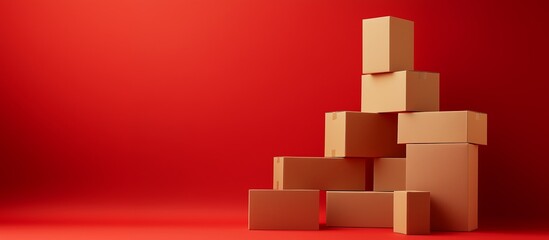 A stack of cardboard boxes of various sizes, neatly stacked against a rich red background. Copy space.