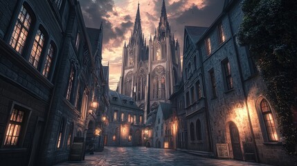 Gothic cathedral at twilight, narrow street, old town.
