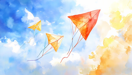 Watercolor painting of flying kites in the sky, with clouds and ample space for text