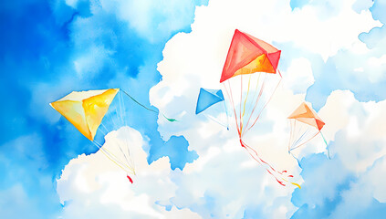 Watercolor painting of flying kites in the sky, with clouds and ample space for text