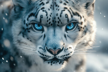 Fototapeta premium Close-Up of Snow Leopard's Intense Gaze in Mountain Landscape