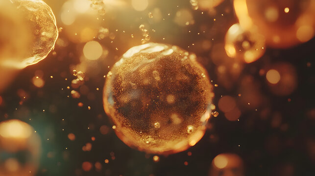 A cinematic shot of water droplets bursting into smaller spheres in zero gravity illuminated by diffused lighting.