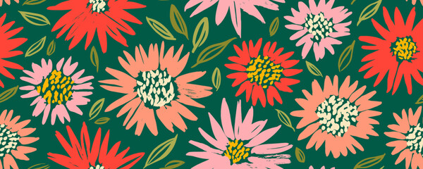 Bright colored floral seamless pattern with chrysanthemums or asters. Daisy motives, peachy orange flowers seamless background.