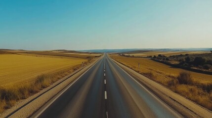 An expansive highway stretching into the distance, flanked by fields and a clear blue sky, capturing the essence of the open road.